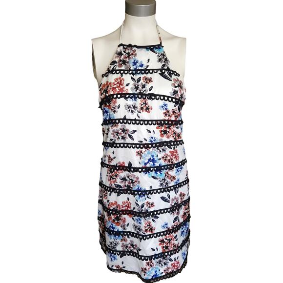 NBD Irene halter lace trim mini shift dress spring bloom floral Size Large NEW - Picture 1 of 10